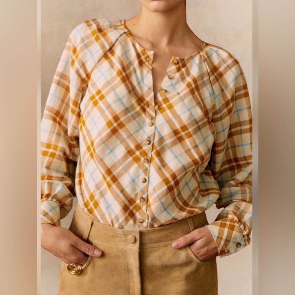 Sezane Amya Blouse – NWT Caramel Check Linen Blend
